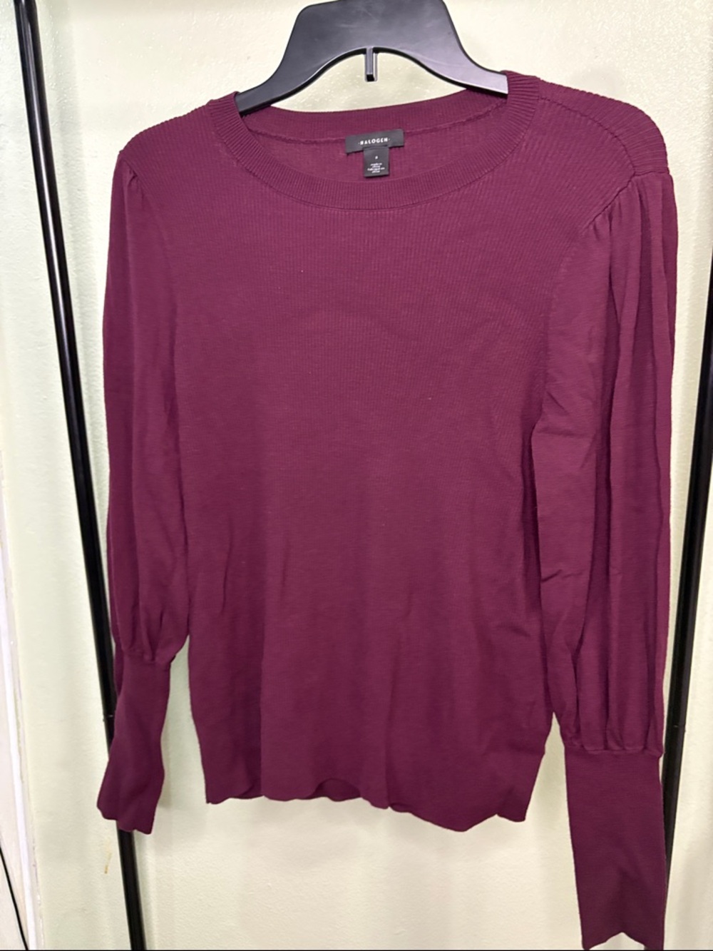 Halogen Burgundy Ribbed Puff-Sleeve Crewneck Sweater